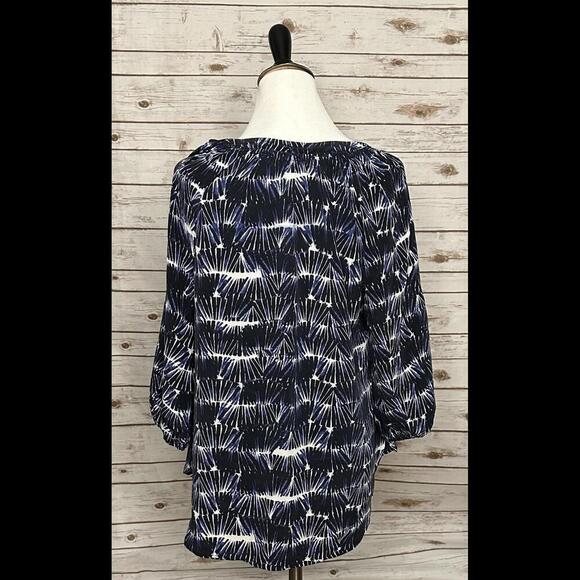 Cynthia Rowley boho blue/white tie-dye print split V-neck silk blouse Size Small - Picture 5 of 6